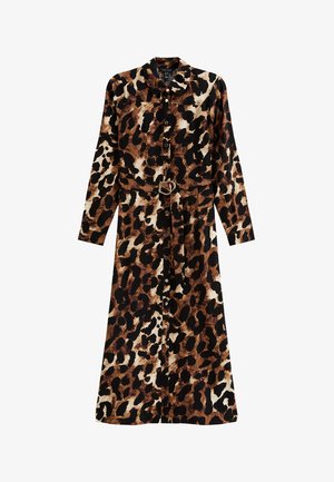 Robe longue à manches longues imprimée léopard avec un col, des boutons sur le devant, une taille ceinturée et une silhouette fluide dans des tons de marron et de noir.