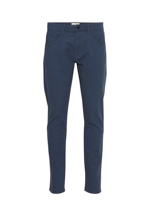 Tume sinine puuvillane püksid, kitsas lõige, viie tasku kujundus ja esine nuppude sulgemine. Sile tekstuur ja puhas õmbluse detail.