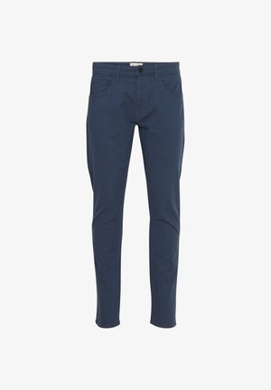 Pantalones de algodón azul marino con corte ajustado, diseño de cinco bolsillos y cierre de botón en la parte delantera. Textura suave y detalles de costura limpia.