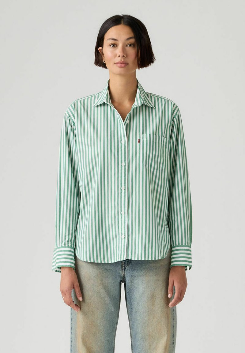Groen-wit gestreept overhemd met knopen, een kraag, lange mouwen en een borstzak. Gemaakt van lichtgewicht stof met een gladde textuur.