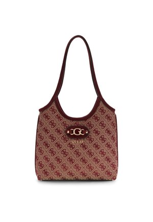 Brun og beige Guess skuldertaske med gentaget logomønster og guldfarvet 'G'-emblem på forsiden i midten.