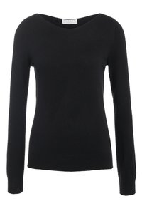 Pull noir à manches longues avec un décolleté large et arrondi, confectionné dans un tissu tricoté doux. Caractérisé par une silhouette ajustée et des poignets côtelés.