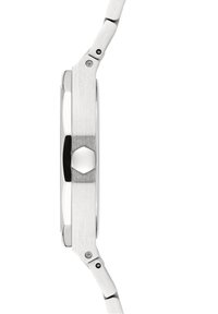 Orologio in acciaio inossidabile argento con finitura spazzolata, cassa rotonda e anse solide. Presenta una corona nera e un design elegante e aerodinamico.