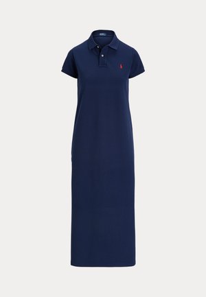 Rochie polo bleumarin din bumbac, cu croială dreaptă, mâneci scurte și nasturi cu trei găuri. Prezintă un logo mic pe piept.