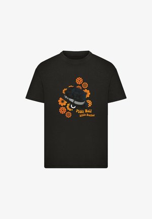 Black cotton T-shirt featuring a graphic design of a greenish-blue helmet surrounded by orange gears and the text "Viddy Hell little Brother."