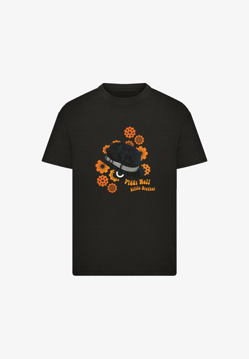 Black cotton T-shirt featuring a graphic design of a greenish-blue helmet surrounded by orange gears and the text "Viddy Hell little Brother."