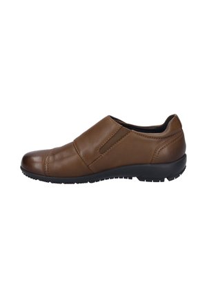 Braune Leder-Schlupfschuhe mit runder Zehenpartie, elastischen Seitenteilen und strukturiertem Gummisohle. Merkmale ein sauberes, minimalistisches Design.