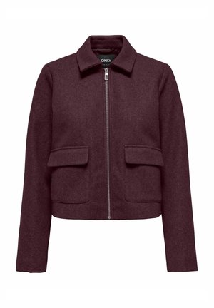 Dunkellila Wolljacke mit Kragen, Frontreißverschluss und zwei großen Klappentaschen auf jeder Seite.