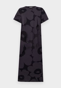 Short-sleeve, knee-length dress in dark gray with large black floral patterns. Made of soft fabric with a relaxed silhouette. Round neckline.