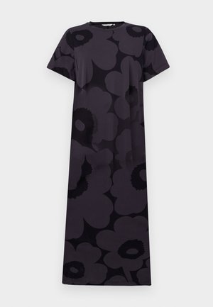 Short-sleeve, knee-length dress in dark gray with large black floral patterns. Made of soft fabric with a relaxed silhouette. Round neckline.
