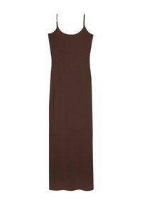 Długa, bezrękawna brązowa sukienka z cienkimi ramiączkami i prostym dekoltem, prezentowana na białym tle.