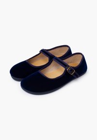 Zapatos tipo Mary Jane de terciopelo azul con puntera redondeada, suela plana y una correa con una hebilla metálica. Forro interior beige visible.