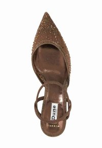 Brown pointed-toe high heel with embellishments, featuring a metallic texture, cross-strap design, and a glossy sole.
