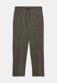 Pantalons à carreaux en gris foncé et noir avec une taille élastique et un cordon de serrage. Dotés de poches latérales et d'une coupe droite.