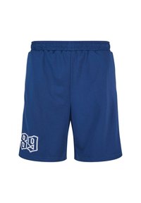 Mørkeblå shorts lavet af blød stof, med en elastisk talje og et hvidt dekorativt nummer "89" på nederste venstre side.