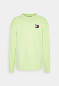 Sudadera verde claro con puños y dobladillo de canalé. Presenta un pequeño logo rectangular en rojo, blanco y negro en el lado izquierdo del pecho. Textura suave.