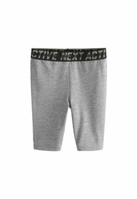Aktive shorts i grå tekstureret stof med en sort elastisk talje, præget med "ACTIVE NEXT." Længden går til midten af låret, og designet er tætsiddende.