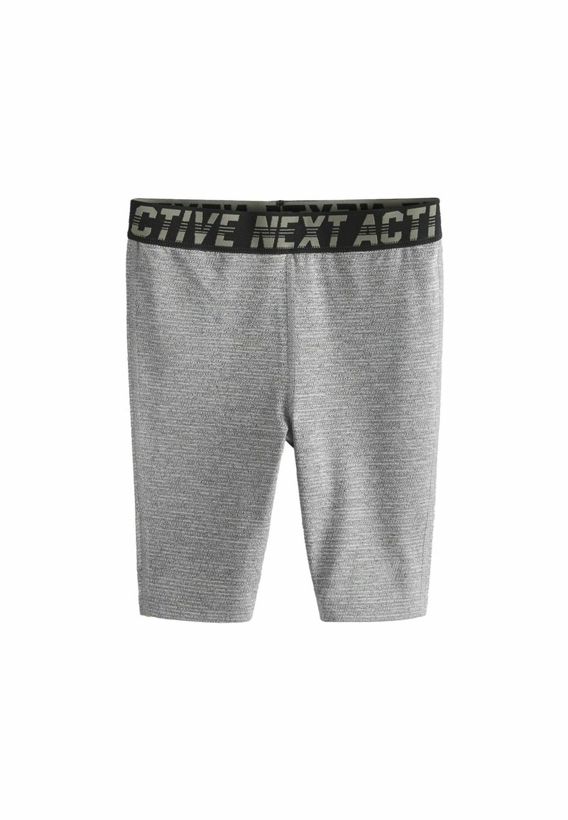 Aktive shorts i grå tekstureret stof med en sort elastisk talje, præget med "ACTIVE NEXT." Længden går til midten af låret, og designet er tætsiddende.