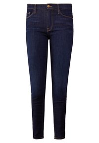 Vaqueros de mezclilla azul oscuro con un diseño ajustado, que presentan una cremallera, estilo de cinco bolsillos y sutiles acentos de costura.
