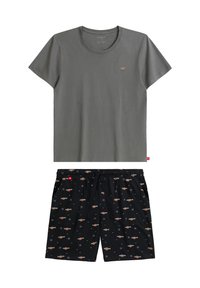 Szara bawełniana koszulka z kr�ótkim rękawem i małym logo; czarne szorty z elastycznym pasem, zdobione kolorowym wzorem z logo.