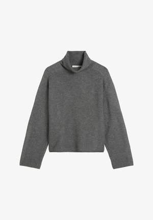 Pull en maille gris à col roulé, avec des manches longues et une coupe décontractée. Il présente un col roulé et des poignets côtelés.
