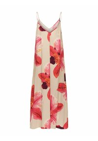 Vestido maxi suelto beige con tirantes finos y un gran estampado floral en rojo, rosa y naranja.