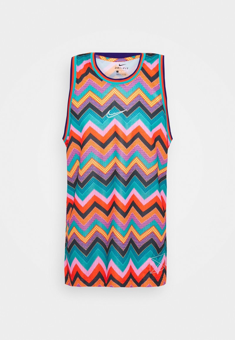Ærmeløs Nike Dri-FIT sportstop med farverigt zigzag-mønster i aqua, orange, pink, lilla og sort, med hvid Nike swoosh-logo på brystet.