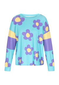 Camisa de manga larga azul claro con patrones florales en púrpura y amarillo, con bandas de color contrastante en las mangas y un cuello redondo.