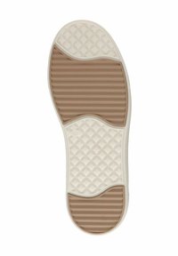 Rubber shoe sole with a textured light tan center, bordered by a cream color. Features a diamond pattern and horizontal ridges for grip.