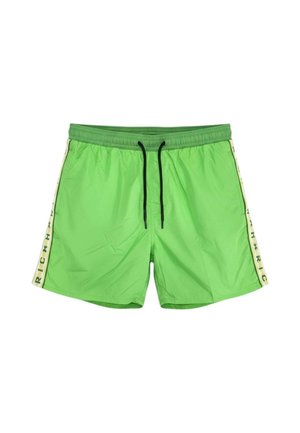 Costume da bagno verde brillante con coulisse nera e strisce laterali bianco sporco con dettagli testuali neri.