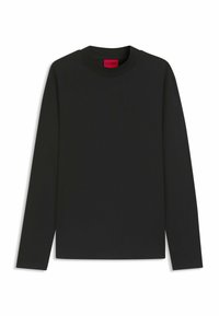 Langärmliges schwarzes T-Shirt mit rundem Halsausschnitt, aus glattem Stoff. Rotes Logoschild innen am Kragen, einfaches Design ohne zusätzliche Muster.