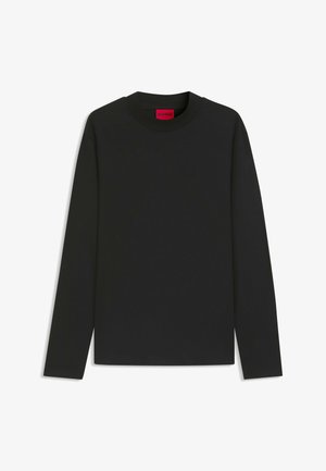 Long-sleeve black T-shirt with a round neckline, made of smooth fabric. Red logo tag inside the collar, simple design with no additional patterns.