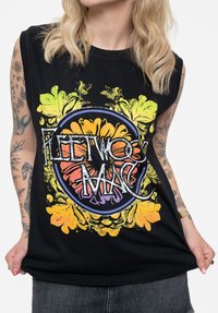 Black sleeveless t-shirt featuring a colorful graphic design with floral accents and "Fleetwood Mac" text in white and vibrant hues.