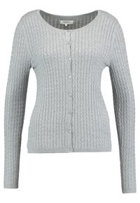 Szary prążkowany kardigan z długimi rękawami, okrągłym dekoltem i zapięciem na guziki. Miękka dzianinowa faktura o dopasowanym kroju. Prosty design, bez wzorów.