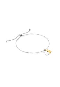 Pulsera de cadena de plata con cierre deslizante ajustable, que presenta dos encantos entrelazados: uno de plata y otro de oro, ambos con un acabado suave.