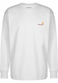 Long-sleeve gray cotton t-shirt featuring a small orange and red Carhartt logo on the left chest. Ribbed crew neck and cuffs.