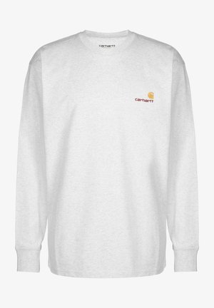 Long-sleeve gray cotton t-shirt featuring a small orange and red Carhartt logo on the left chest. Ribbed crew neck and cuffs.