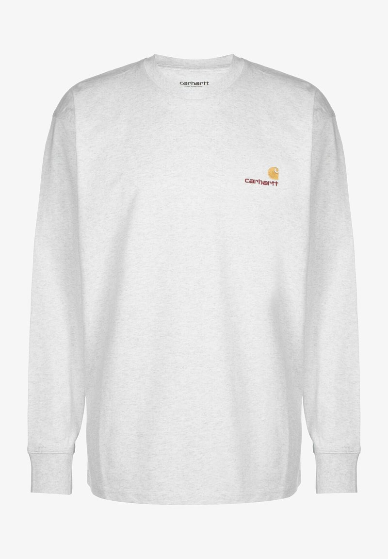 Long-sleeve gray cotton t-shirt featuring a small orange and red Carhartt logo on the left chest. Ribbed crew neck and cuffs.