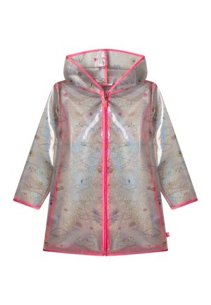 Przezroczysta peleryna przeciwdeszczowa dla dzieci z różowym wykończeniem, kapturem, zamkiem z przodu oraz kolorowymi wzorami chmur, gwiazd i tęczy.