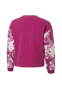 Felpa in pile di un vivace colore rosa con maniche bianche e viola a fantasia. Presenta un collo rotondo e polsini a costine per maggiore confort.