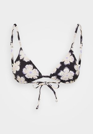 Svart bikini-top med trekantede kopper, prydet med store kremfargede og lyseblå blomster, samt midtknyting og justerbare stropper.