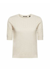 Kremowy sweter z krótkim rękawem o fakturowanym wzorze dzianiny na górnej części przodu i na akcentach rękawów, z okrągłym dekoltem i prążkowanym dołem.