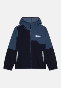 Veste à capuche bleu marine et bleu foncé avec fermeture éclair à l'avant, deux poches latérales et un logo sur la poitrine. Fabriquée en tissu léger et lisse.