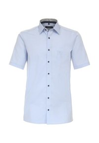 Lichtblauw overhemd met korte mouwen en een button-down kraag, zwarte knopen en een zak. Heeft een gemusterde voering aan de binnenkant van de kraag.