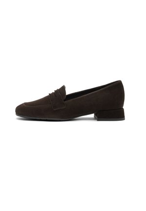 Dark brown suede loafers with a slightly pointed toe, a decorative strap across the vamp, and a low block heel. Smooth texture.
