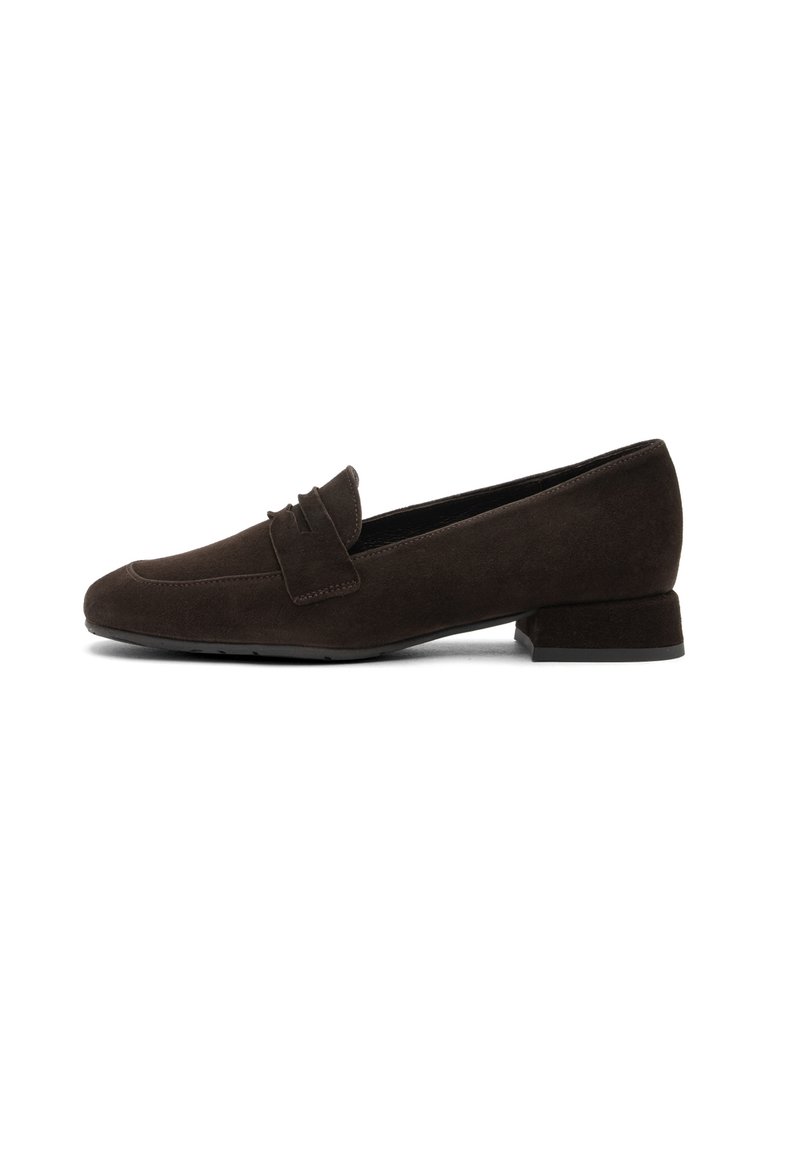 Dark brown suede loafers with a slightly pointed toe, a decorative strap across the vamp, and a low block heel. Smooth texture.
