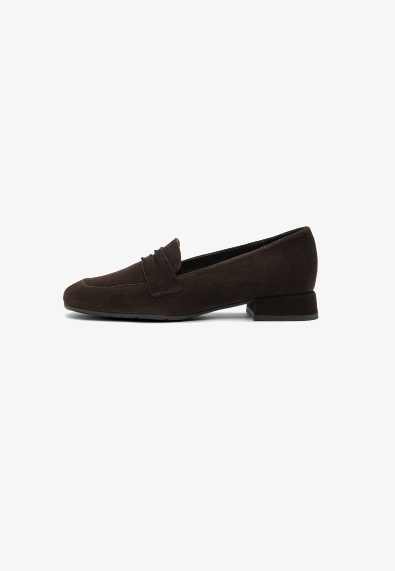Dark brown suede loafers with a slightly pointed toe, a decorative strap across the vamp, and a low block heel. Smooth texture.