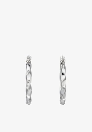 Orecchini a cerchio in argento intrecciato con chiusure a cerniera, mostrati affiancati su uno sfondo bianco.