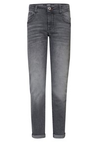 Jeans de denim gris con corte recto, que cuentan con cinco bolsillos, un dobladillo enrollado y un desvanecimiento sutil, asegurados con un botón de metal.