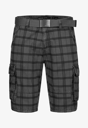 Pantaloni cargo a scacchi grigi con cintura, caratterizzati da tasche laterali, un tessuto testurizzato e linee nere a contrasto nel motivo.